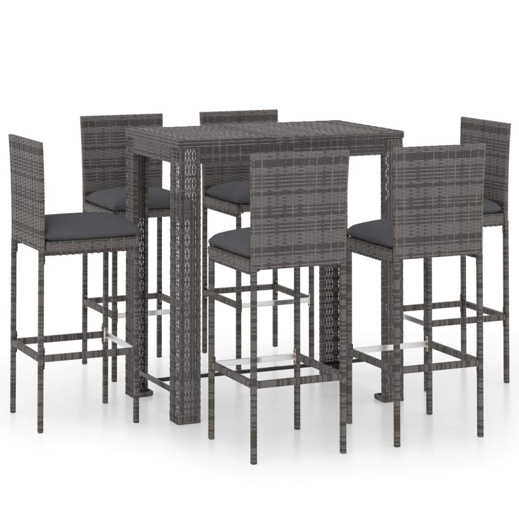 Set Bar da Giardino 7 pz con Cuscini in Polyrattan Grigio cod mxl 40629