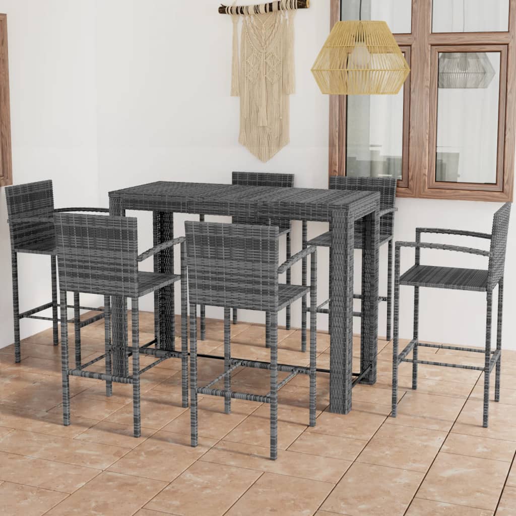 Set Bar da Giardino 7 pz con Braccioli in Polyrattan Grigio