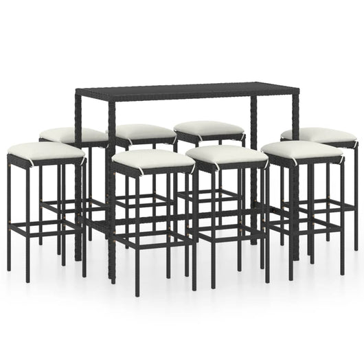 Set da Bar da Giardino 9 pz con Cuscini in Polyrattan Nero