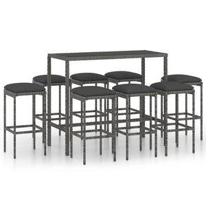 Set da Bar per Giardino 9 pz con Cuscini in Polyrattan Grigio