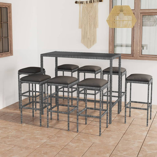 Set da Bar per Giardino 9 pz con Cuscini in Polyrattan Grigio