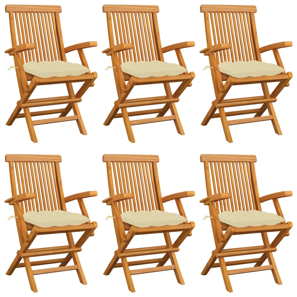 Sedie da Giardino con Cuscini Bianco Crema 6 pz in Massello di Teak 3062558