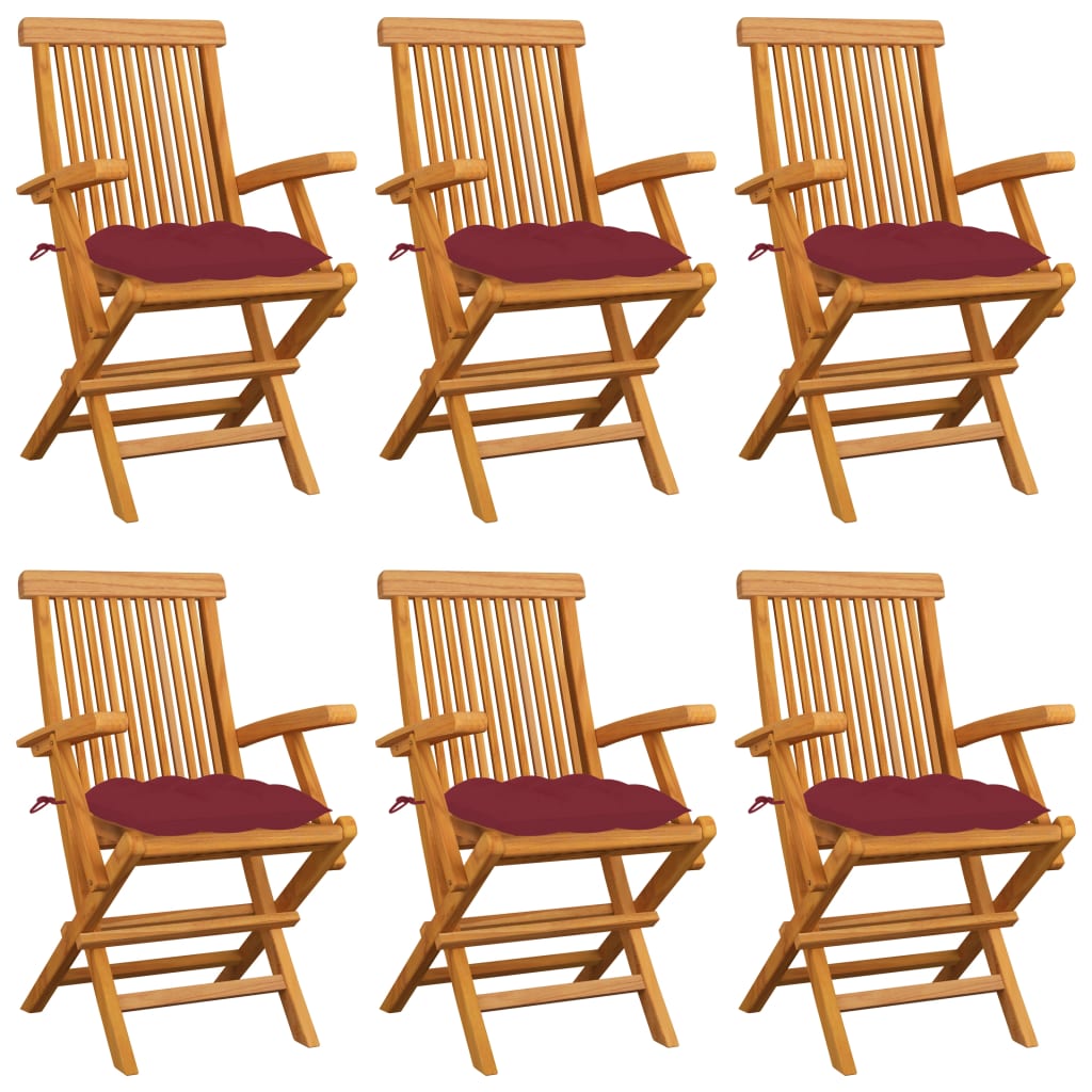 Sedie da Giardino con Cuscini Rosso Vino 6 pz Massello di Teak cod mxl 44830