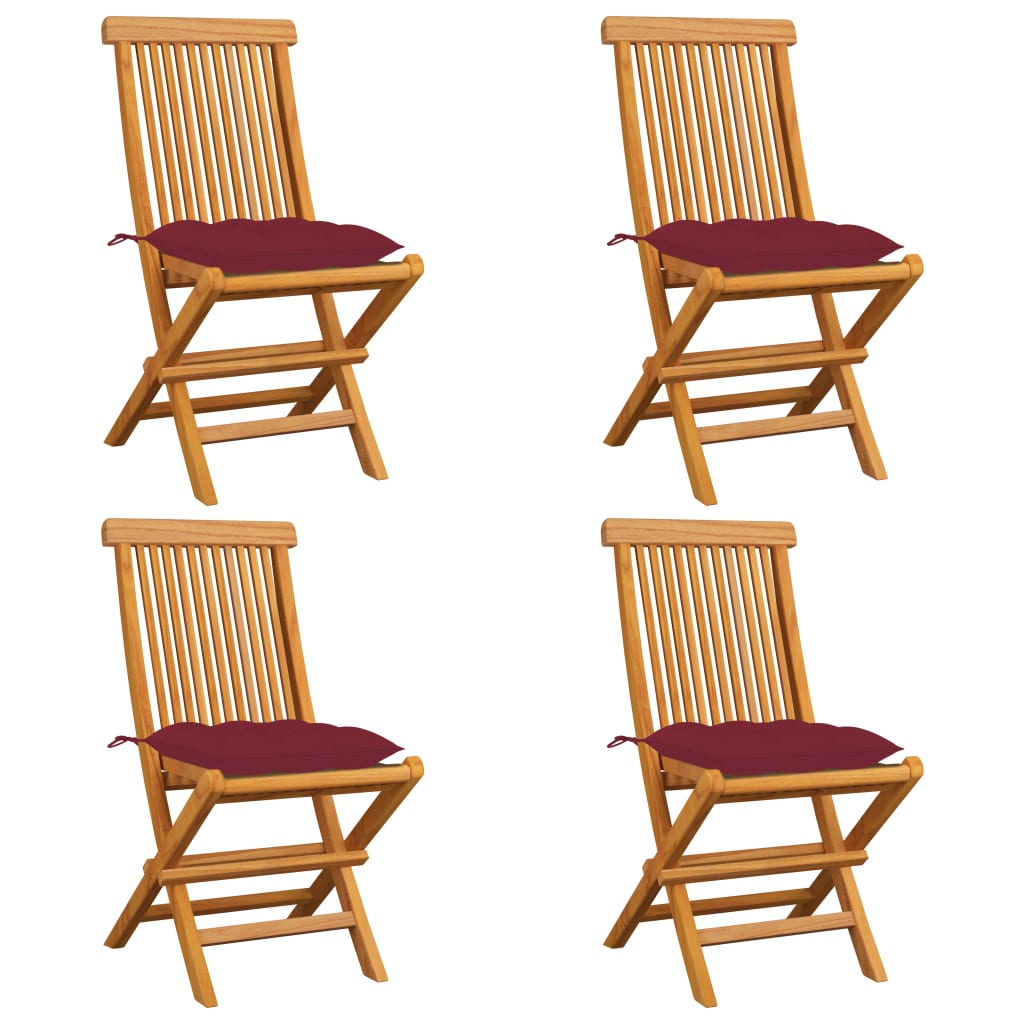 Sedie da Giardino con Cuscini Rosso Vino 4 pz Massello di Teak 3062592