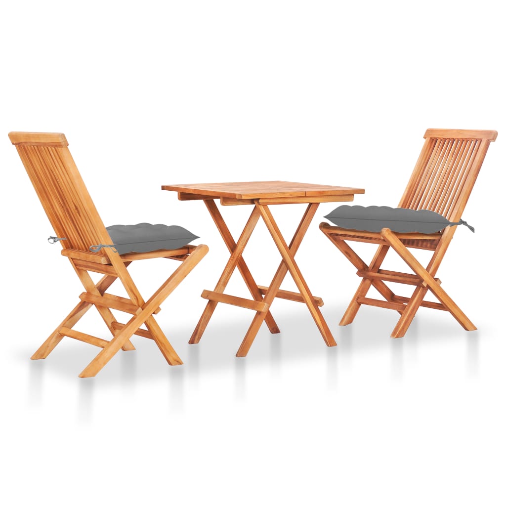 Set da Bistrot 3 pz con Cuscini Grigi in Legno Massello di Teak 3063241