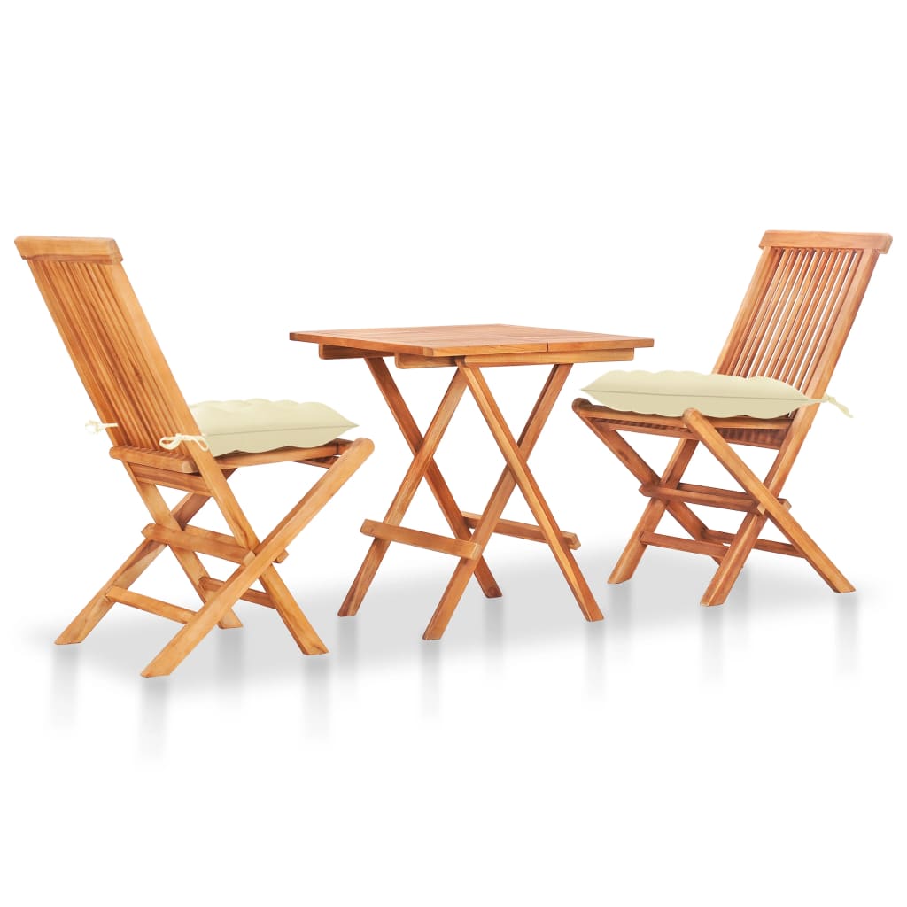 Set da Bistrot 3 pz con Cuscini Crema in Legno Massello di Teak 3063242