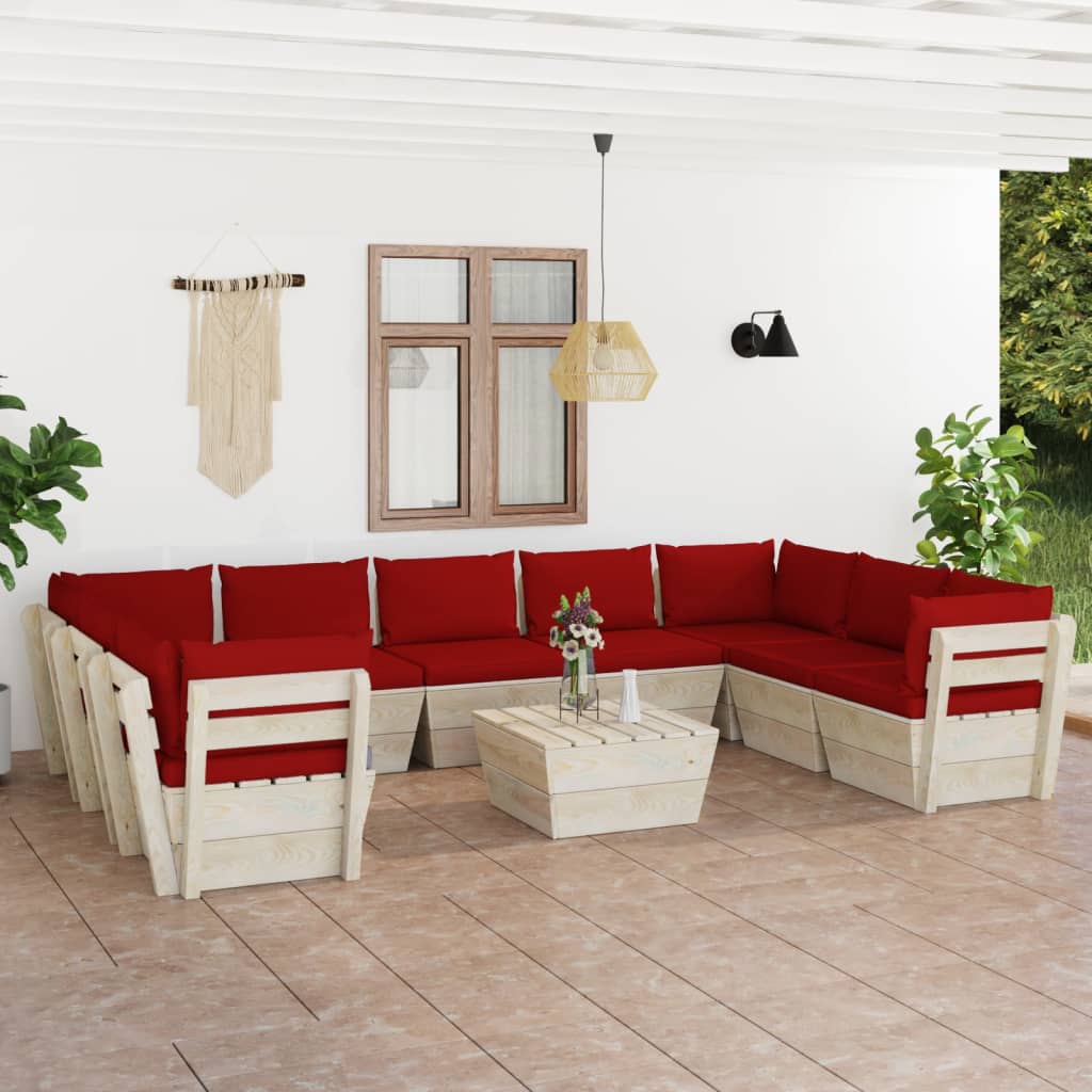 Set Divani da Giardino su Pallet 10 pz con Cuscini Legno Abete 3063633