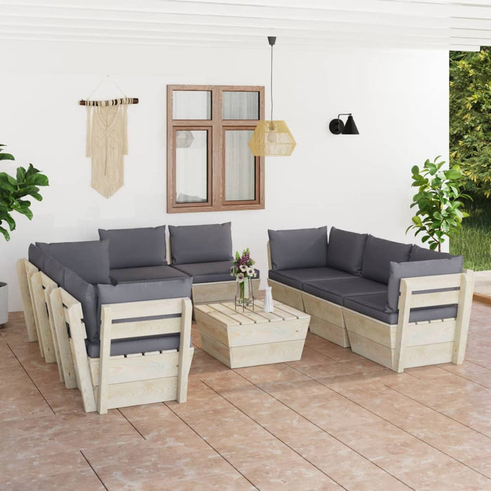 Set Divani da Giardino su Pallet 9 pz con Cuscini Legno Abete 3063648