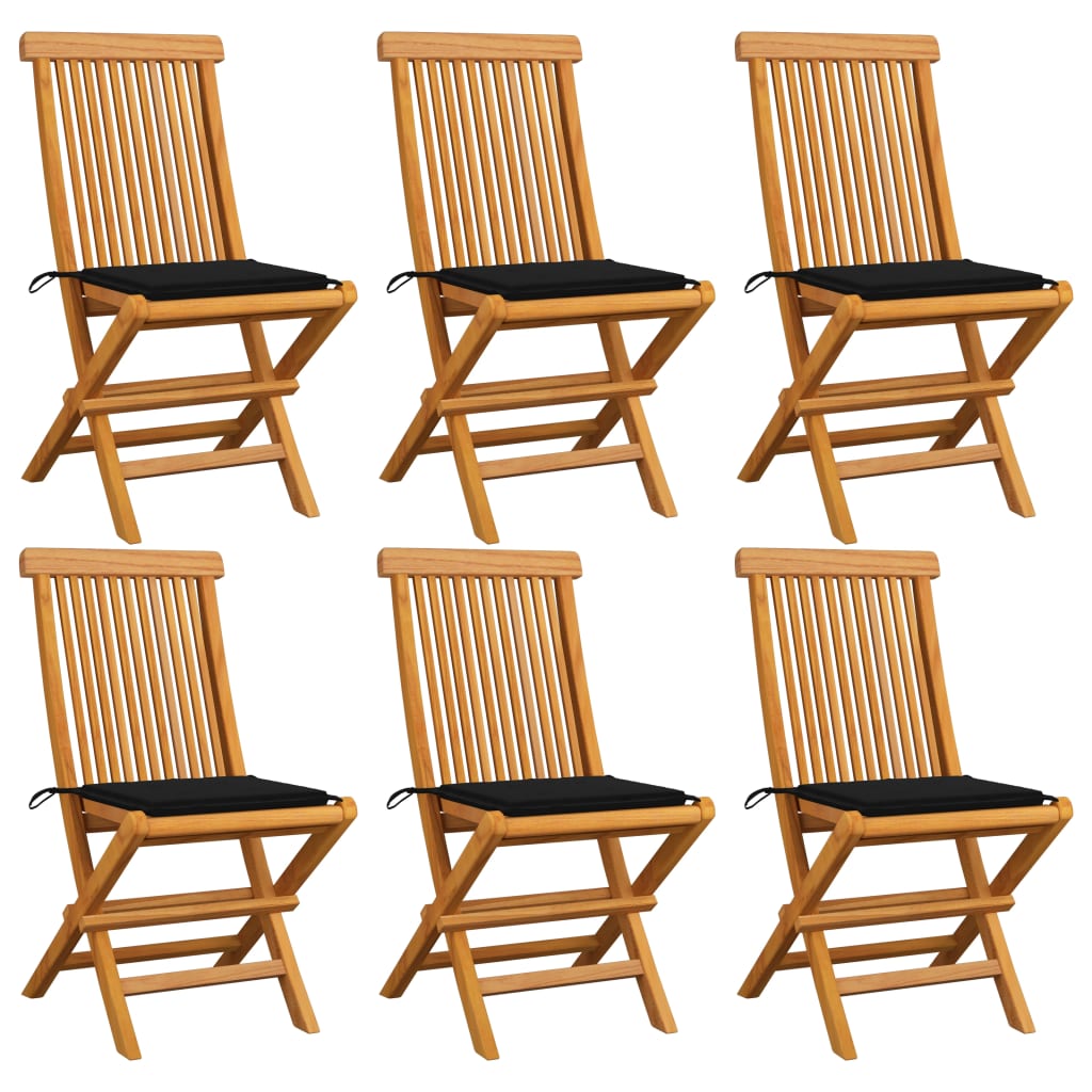 Sedie da Giardino con Cuscini Neri 6 pz in Massello di Teak cod mxl 74196