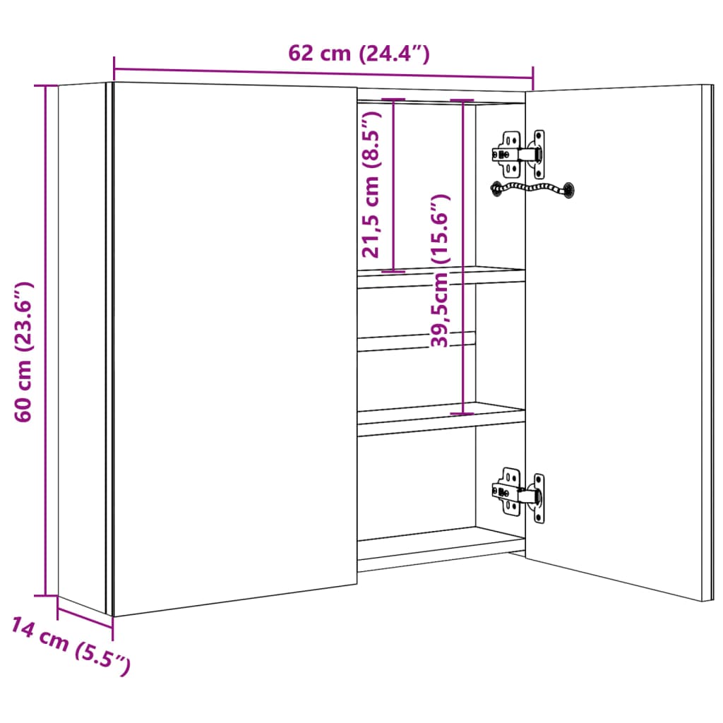 Armadietto Bagno con Specchio e LED 60x14x62 cm 325542