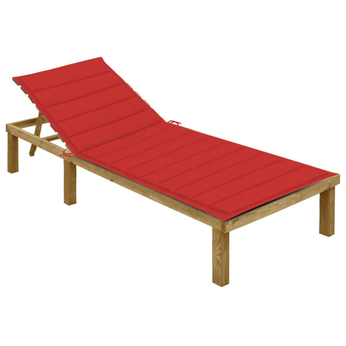 Lettino da Giardino con Cuscino Rosso in Legno Pino Impregnato cod mxl 24047