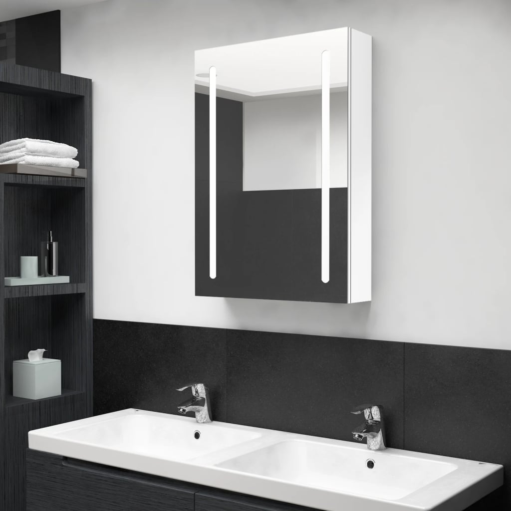 Armadietto Bagno con Specchio e LED Bianco Lucido 50x13x70 cm 326501