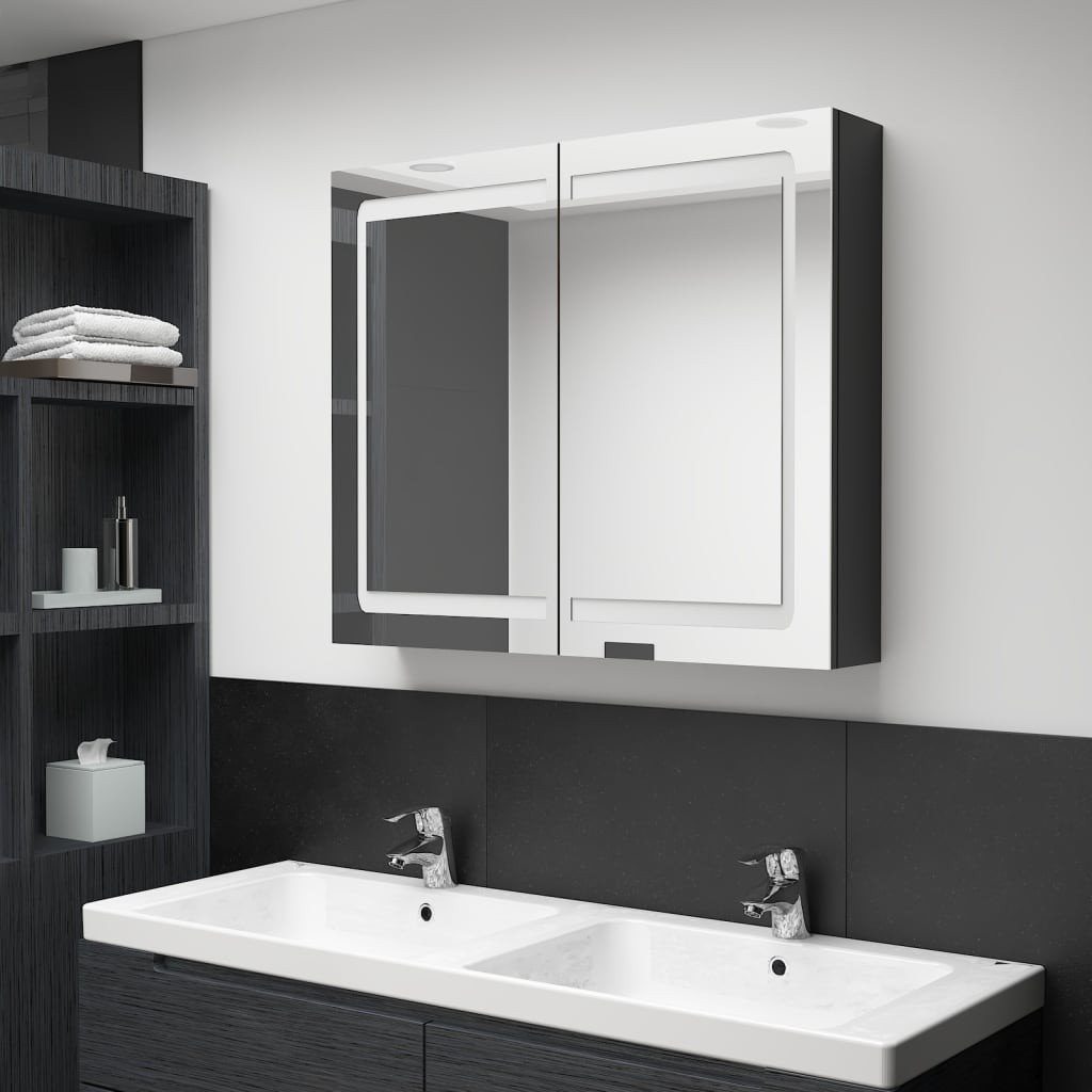 Armadietto Bagno con Specchio e LED Nero Lucido 80x12x68 cm cod mxl 73702