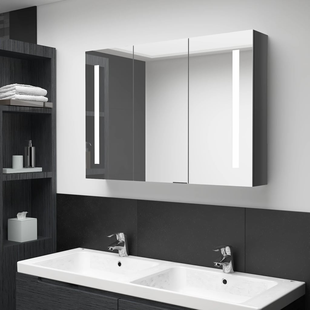 Armadietto Bagno con Specchio e LED 89x14x62 cm Grigio Lucido 326528