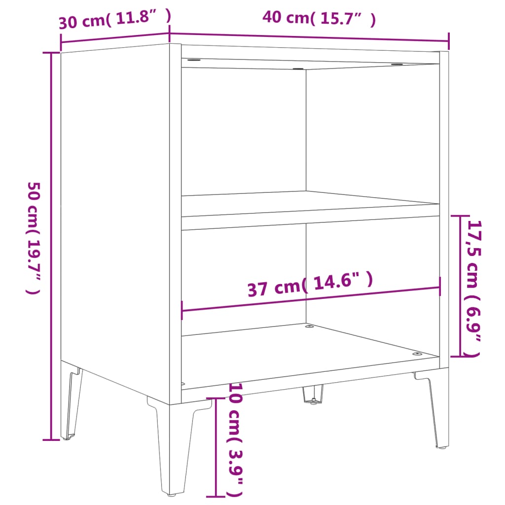 Comodini con Gambe in Metallo 2 pz Bianchi 40x30x50 cm 805798