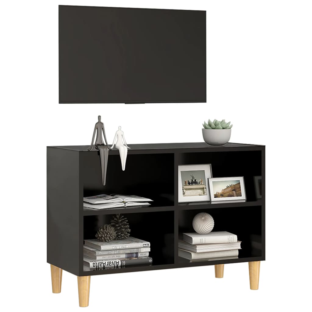 Mobile TV con Gambe in Legno Massello Nero 69,5x30x50 cm