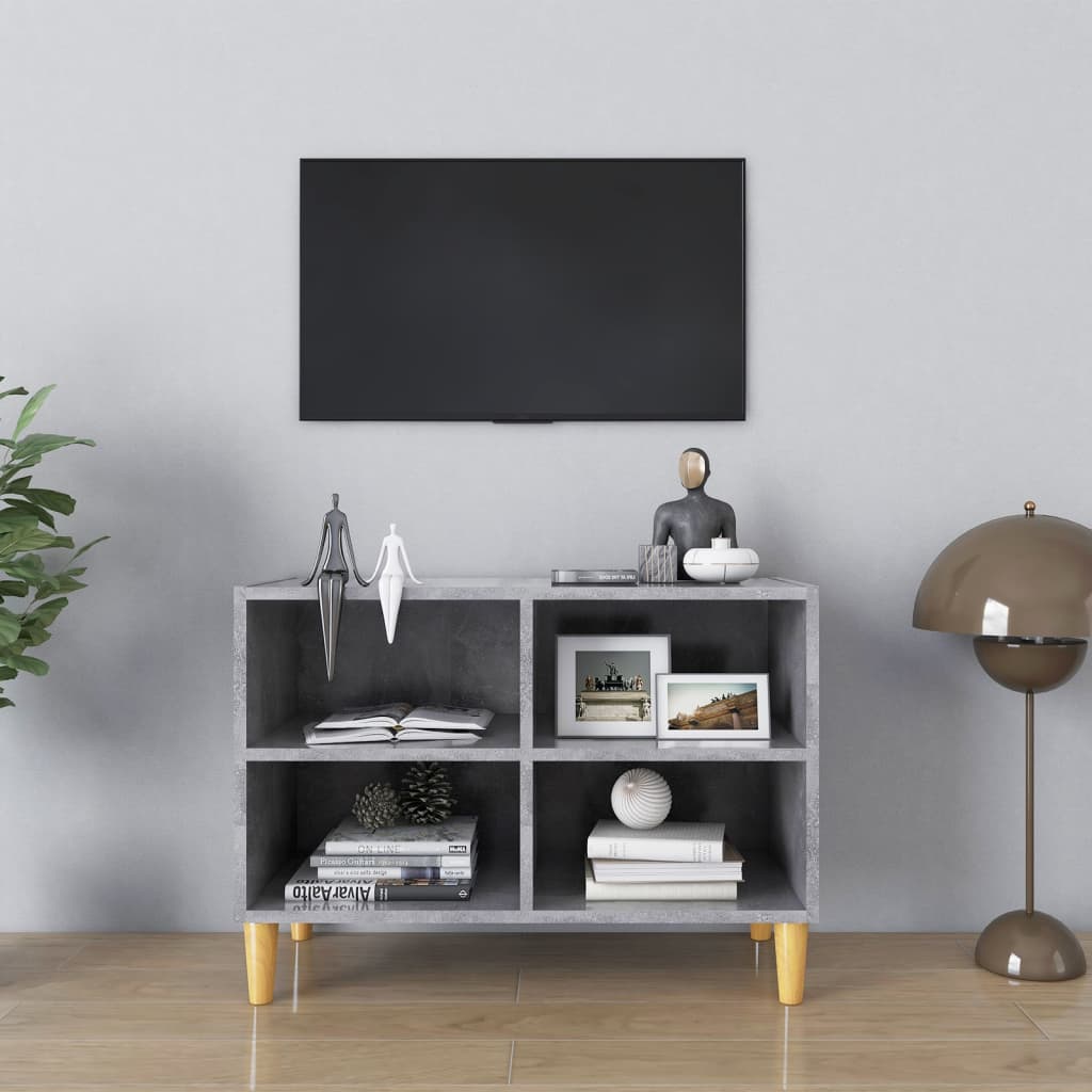 Mobile TV con Gambe Legno Massello Grigio Cemento 69,5x30x50 cm 805927