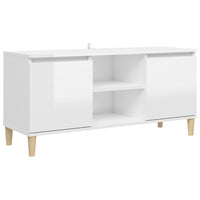 Mobile TV con Gambe Legno Massello Bianco Lucido 103,5x35x50 cm 805965