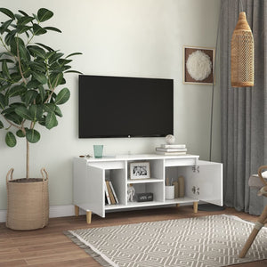 Mobile TV con Gambe Legno Massello Bianco Lucido 103,5x35x50 cm 805965