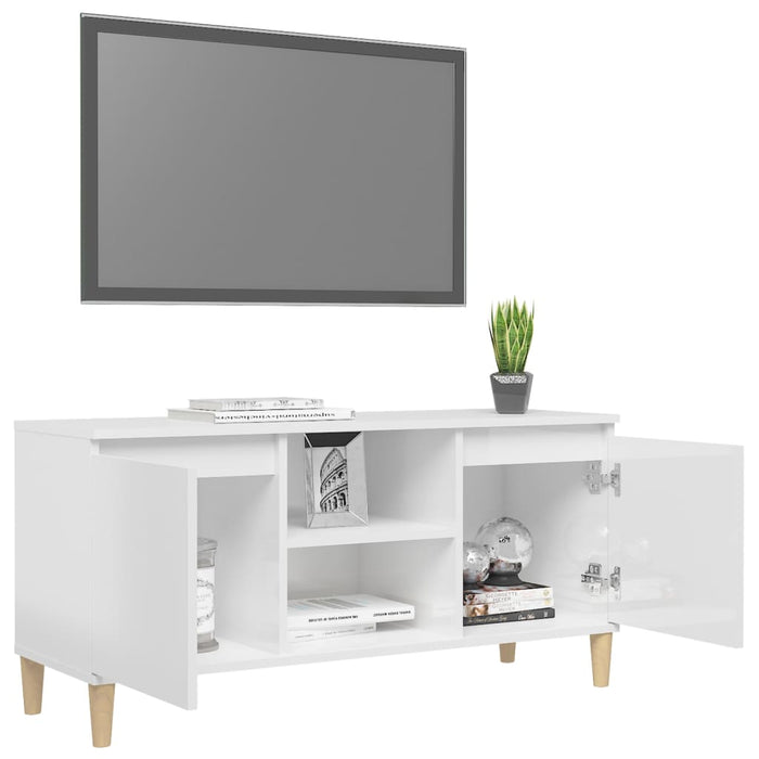 Mobile TV con Gambe Legno Massello Bianco Lucido 103,5x35x50 cm 805965