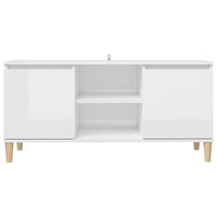 Mobile TV con Gambe Legno Massello Bianco Lucido 103,5x35x50 cm 805965