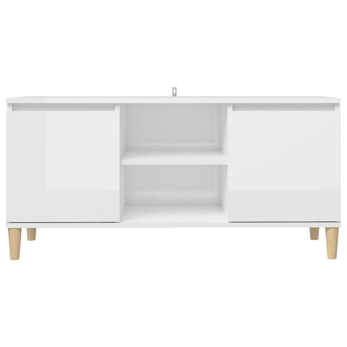 Mobile TV con Gambe Legno Massello Bianco Lucido 103,5x35x50 cm 805965