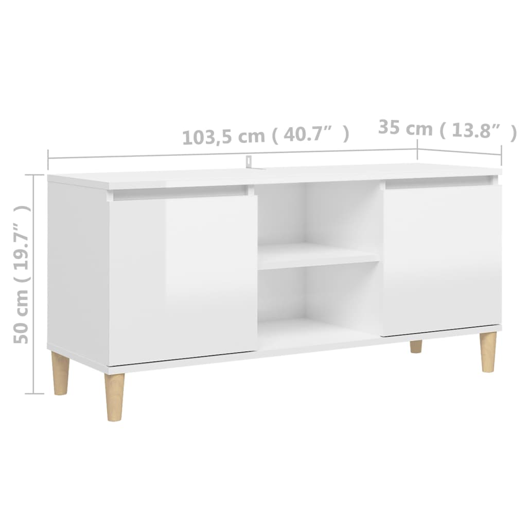 Mobile TV con Gambe Legno Massello Bianco Lucido 103,5x35x50 cm 805965