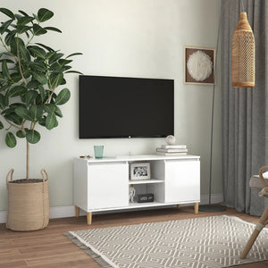 Mobile TV con Gambe Legno Massello Bianco Lucido 103,5x35x50 cm 805965