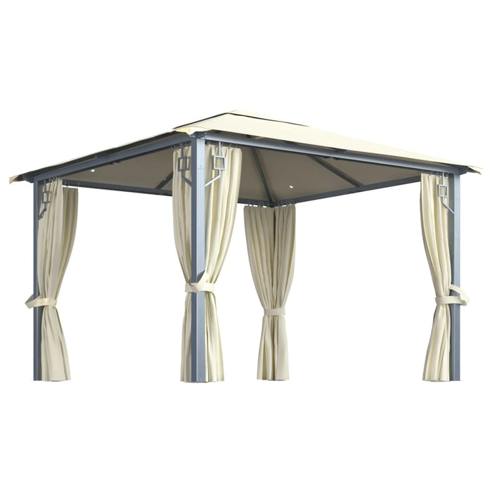 Gazebo con Tende Stringa di Luci LED 300x300 cm Crema Alluminio 3070332