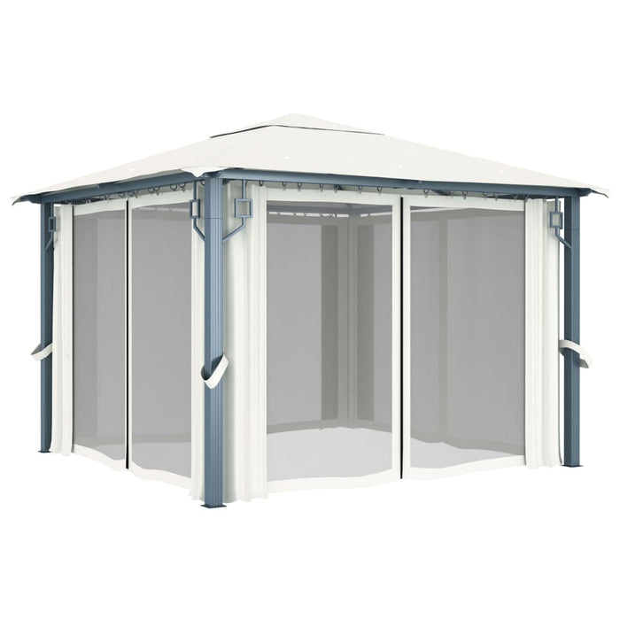 Gazebo con Tende Stringa di Luci LED 300x300 cm Crema Alluminio 3070332