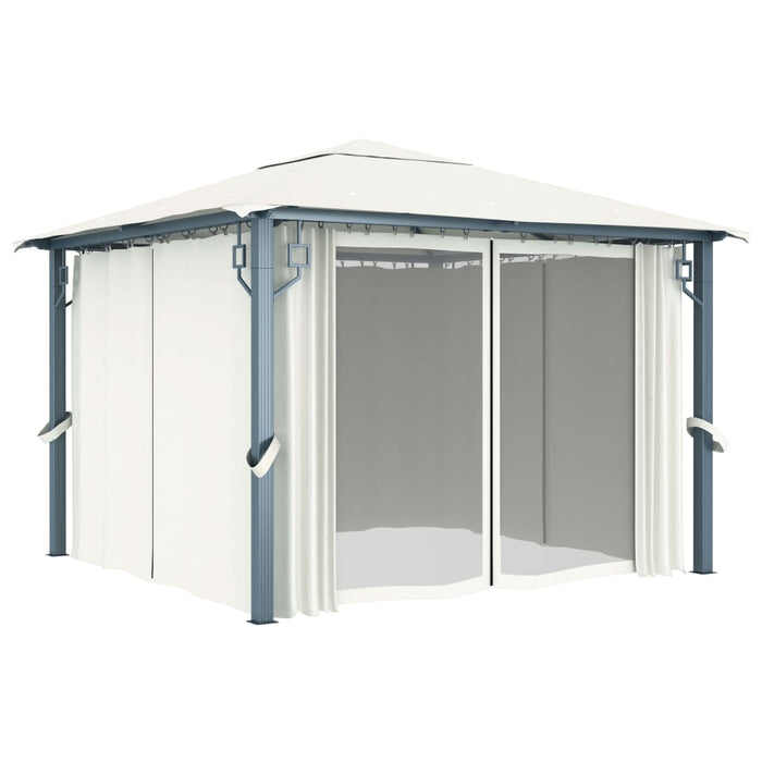 Gazebo con Tende Stringa di Luci LED 300x300 cm Crema Alluminio 3070332