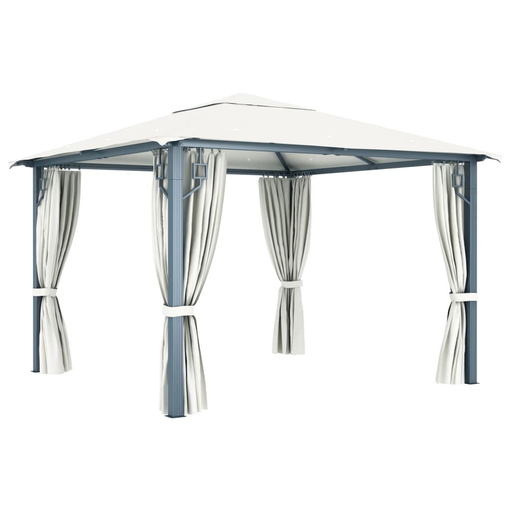 Gazebo con Tende Stringa di Luci LED 300x300 cm Crema Alluminio 3070332