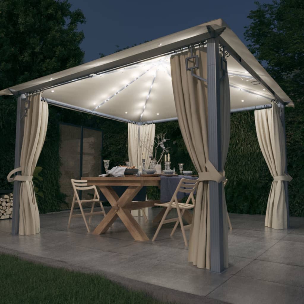 Gazebo con Tende Stringa di Luci LED 300x300 cm Crema Alluminio 3070332