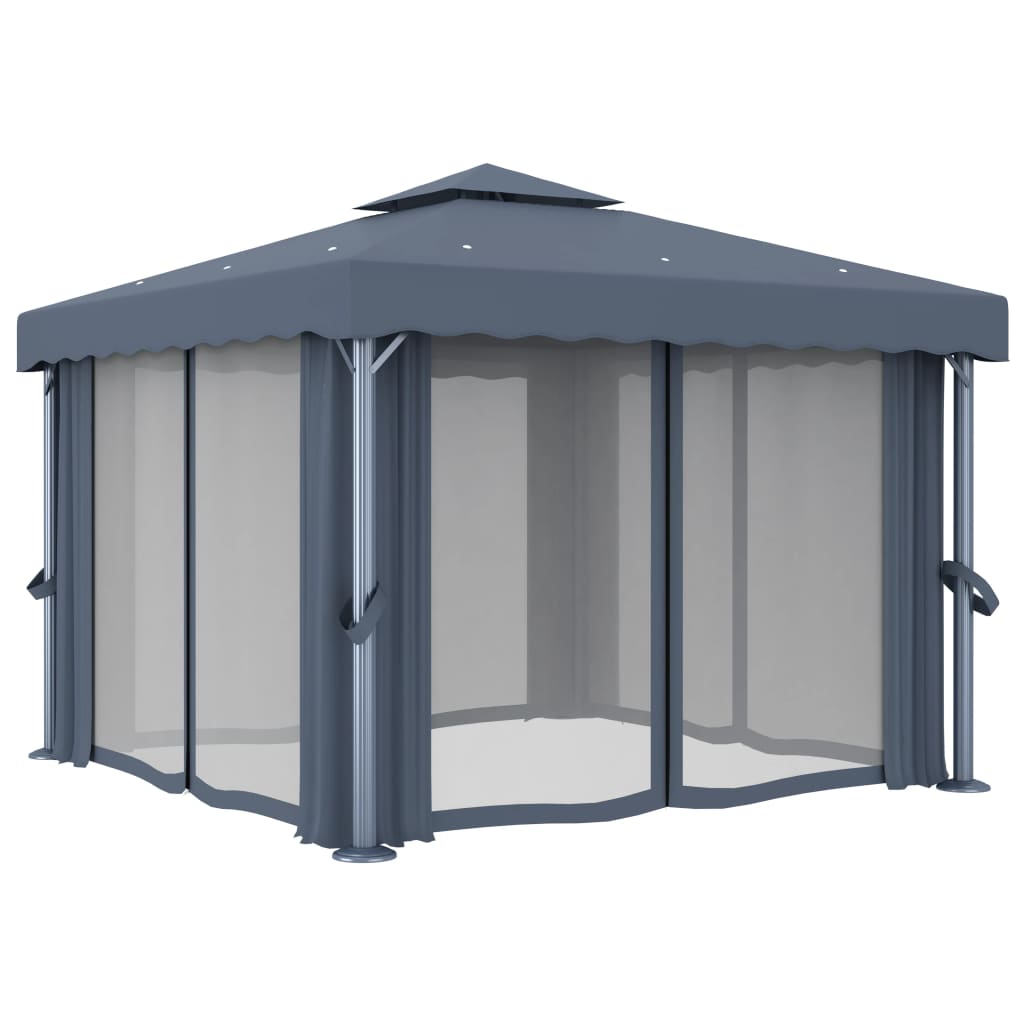 Gazebo con Tende e Stringa di Luci LED 3x3 m Antracite 3070347