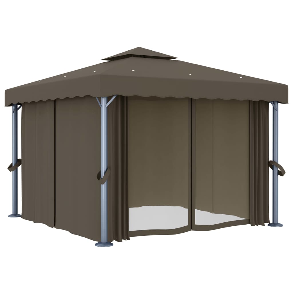 Gazebo con Tende e Stringa di Luci LED 3x3 m Grigio Talpa 3070349