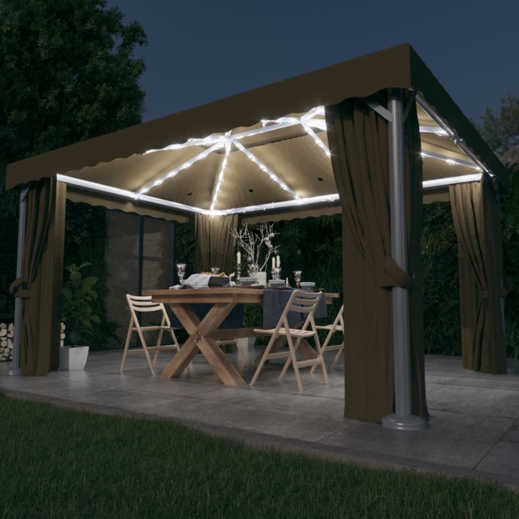 Gazebo con Tende e Stringa di Luci LED 4x3 m Grigio Talpa 3070357