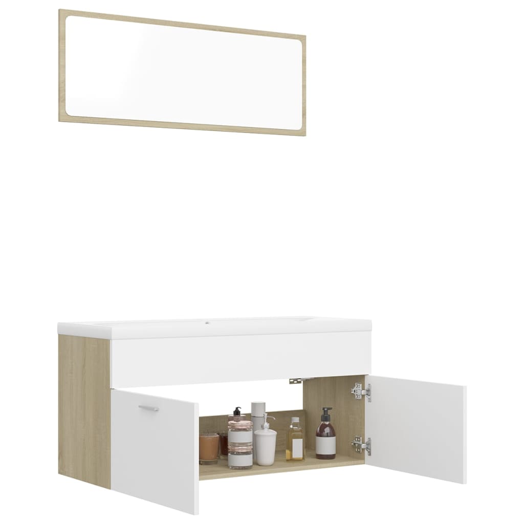 Set Mobili da Bagno Bianco e Rovere Sonoma in Truciolato 3070897