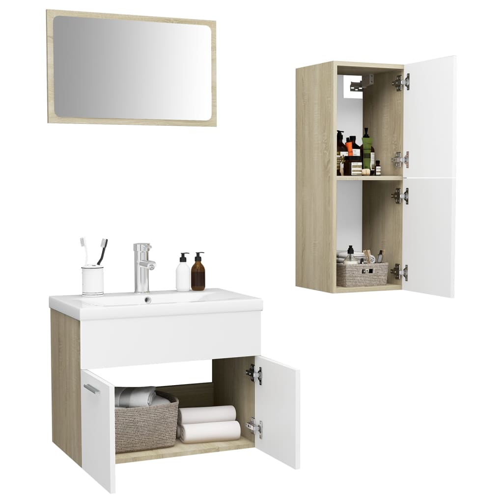 Set Mobili da Bagno Bianco e Rovere Sonoma in Truciolato