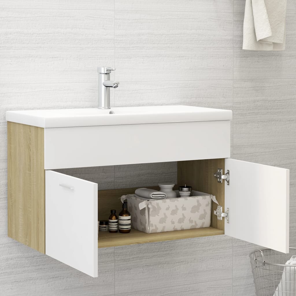 Mobile da Bagno con Lavabo Bianco e Rovere Sonoma in Truciolato 3071284