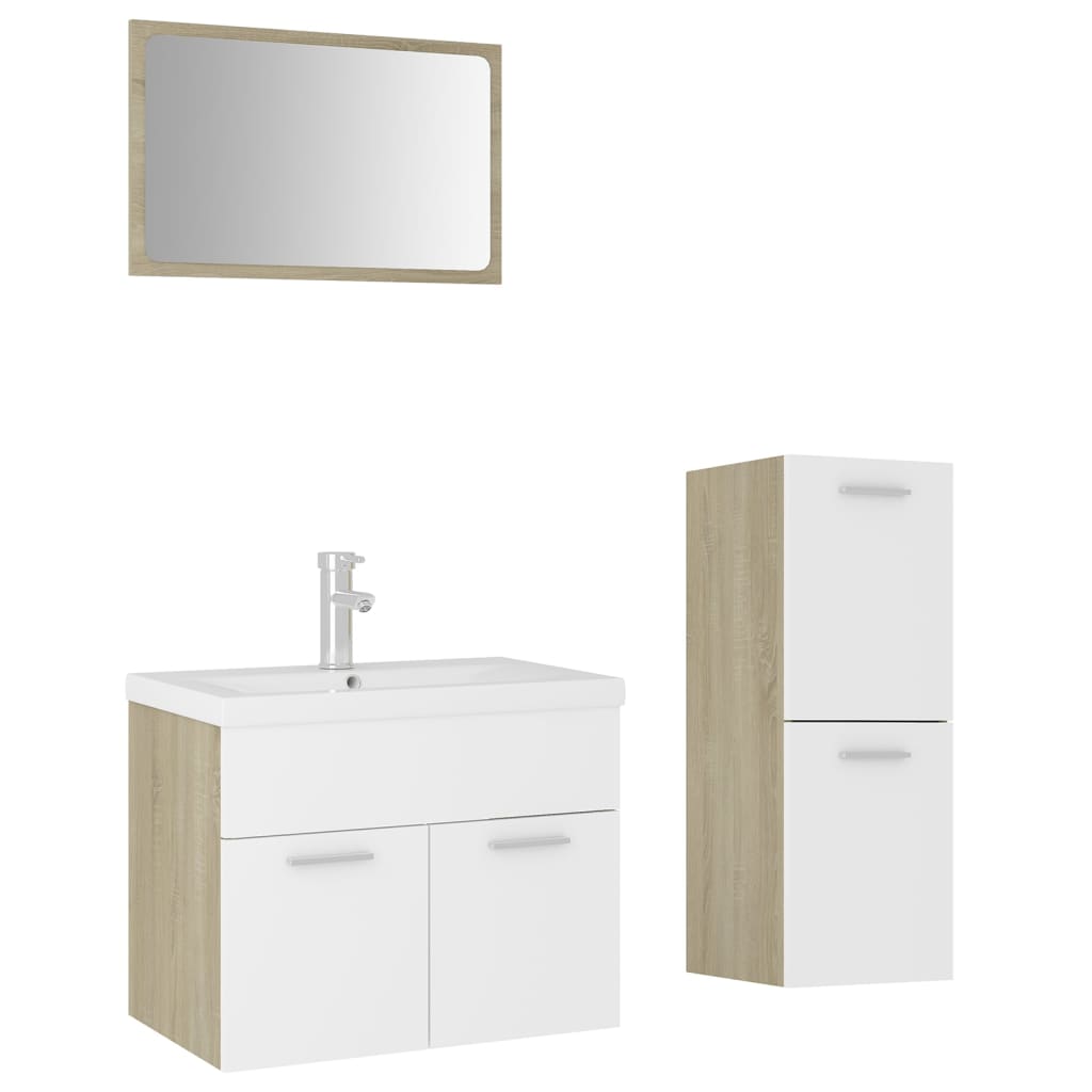 Set Mobili da Bagno Bianco e Rovere Sonoma in Truciolato