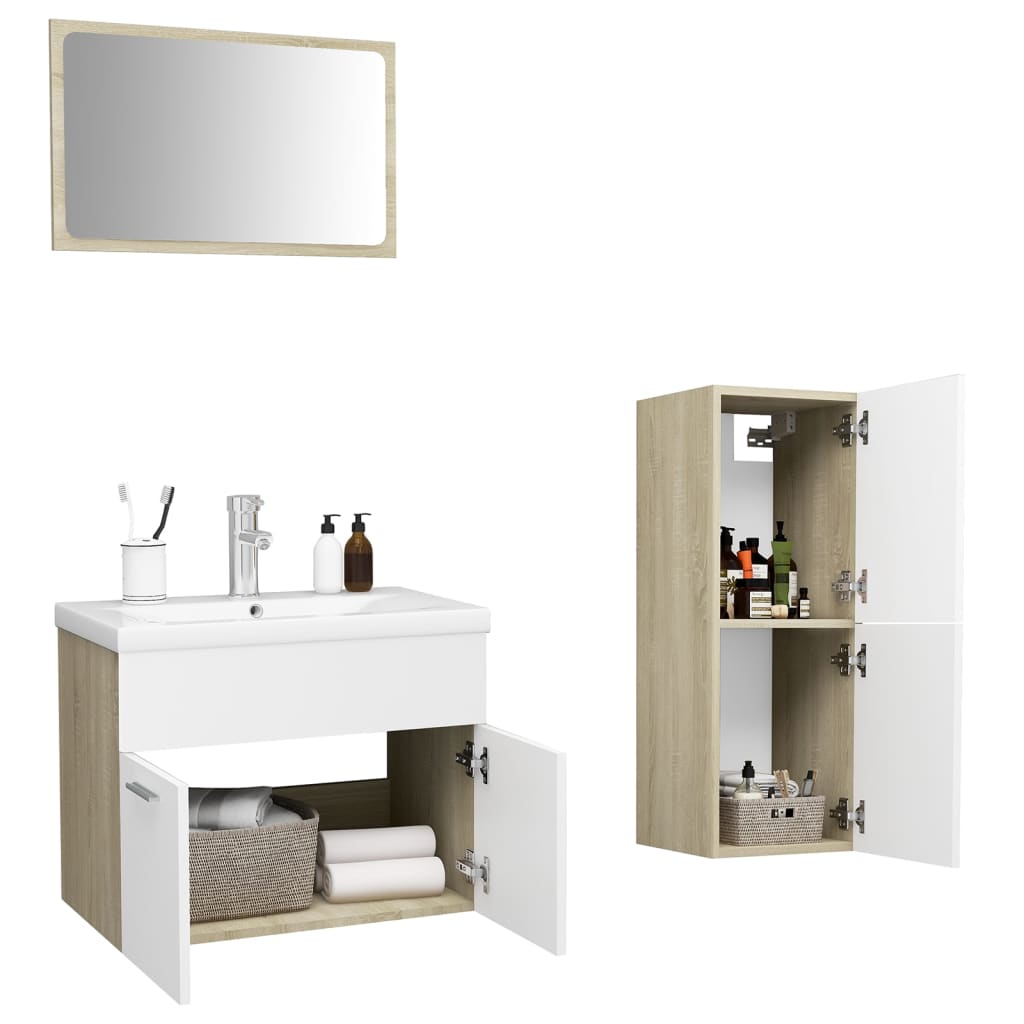 Set Mobili da Bagno Bianco e Rovere Sonoma in Truciolato