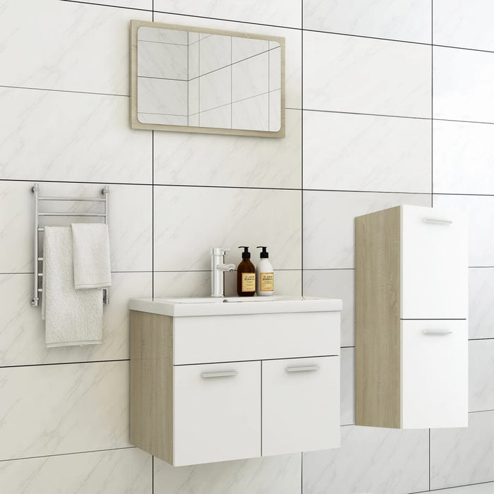 Set Mobili da Bagno Bianco e Rovere Sonoma in Truciolato