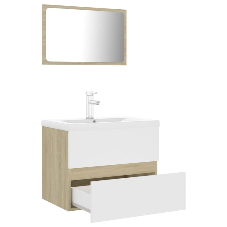 Set Mobili da Bagno Bianco e Rovere Sonoma in Truciolato