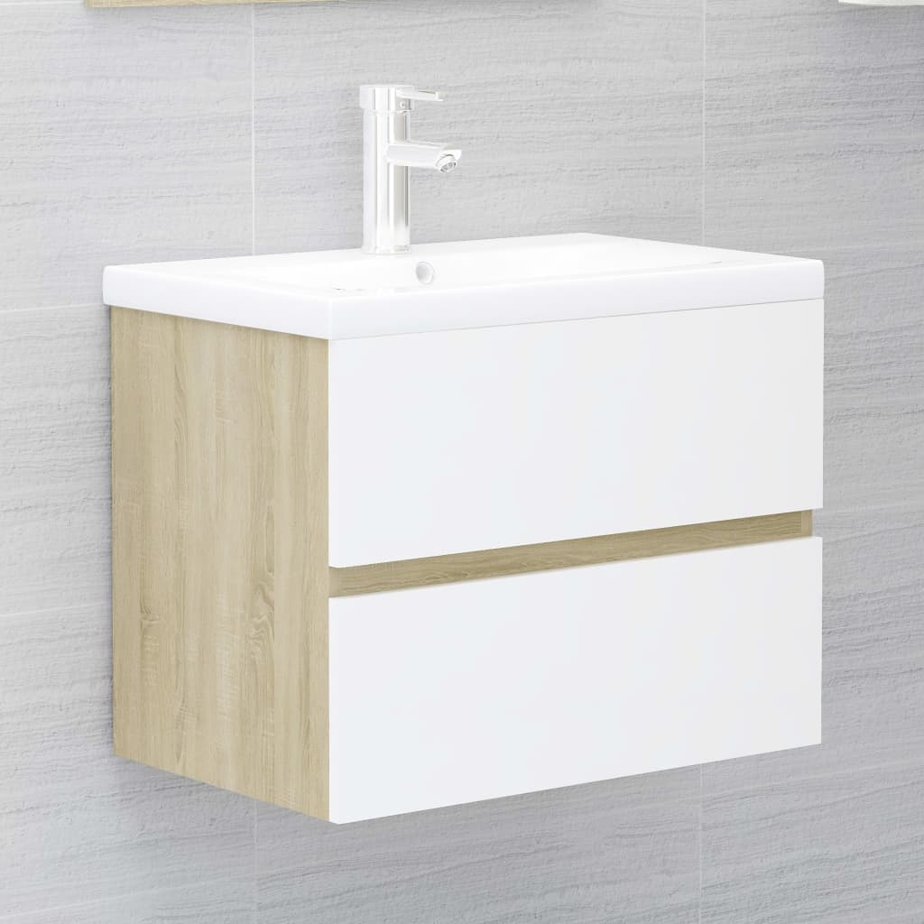 Set Mobili da Bagno Bianco e Rovere Sonoma in Truciolato