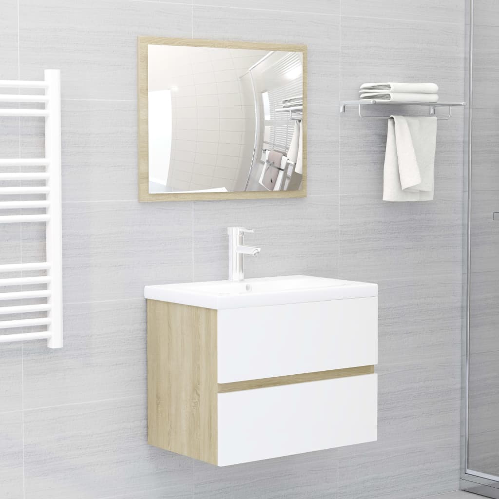 Set Mobili da Bagno Bianco e Rovere Sonoma in Truciolato