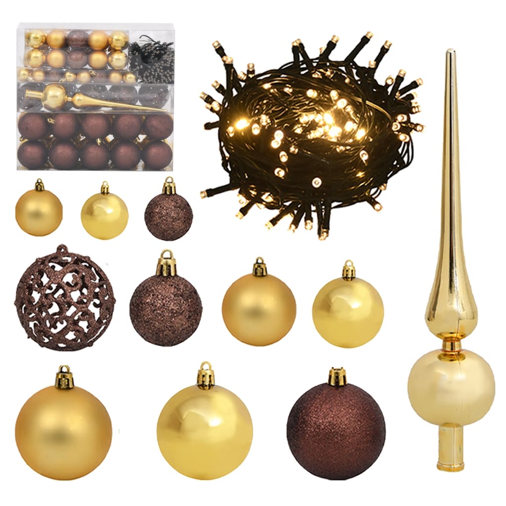 Set con 120 Palline di Natale Punta e 300 Luci LED Oro e Bronzo