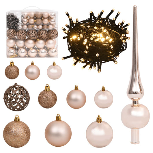 Set con 120 Palline di Natale Punta e 300 Luci LED Oro Rosato