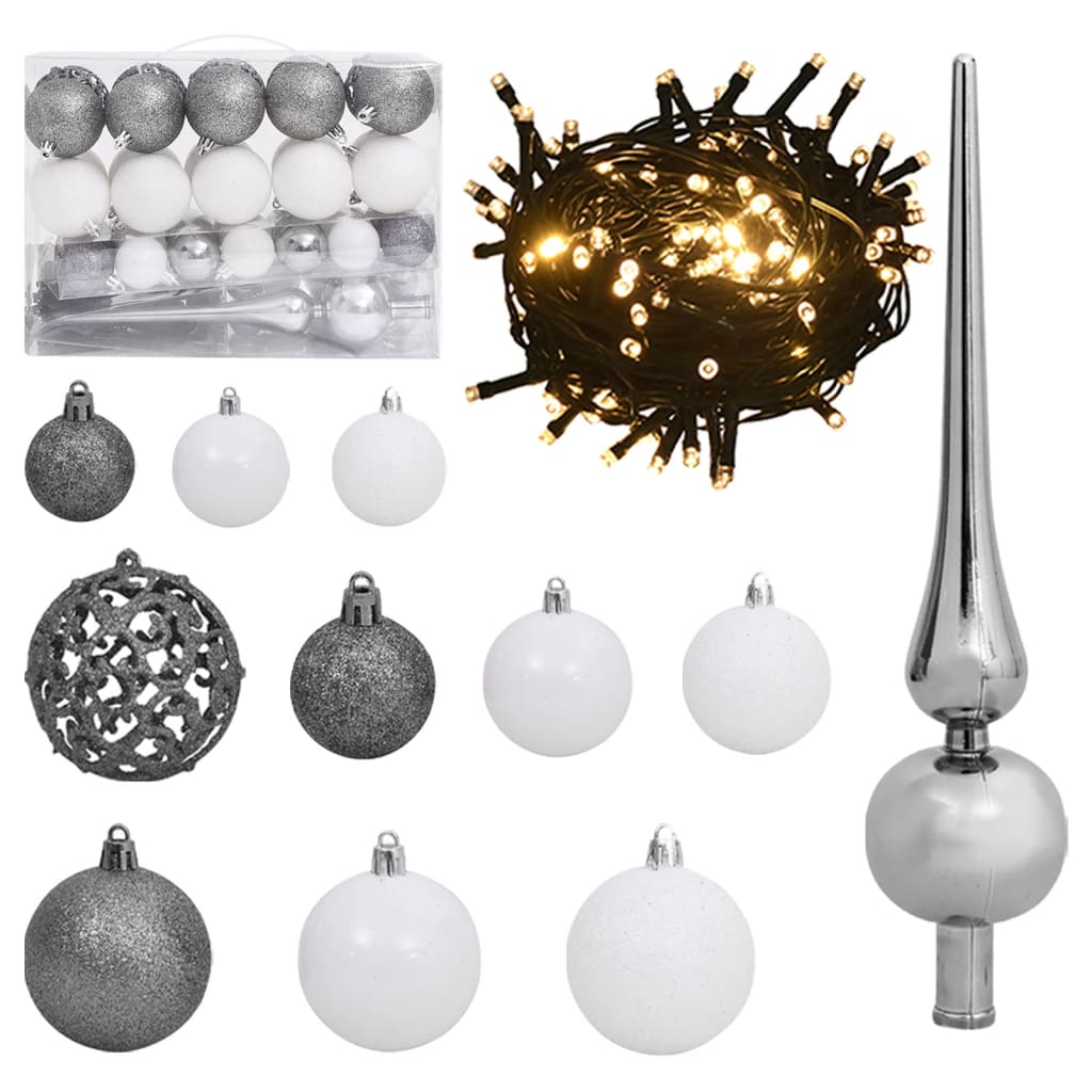 Set Natale con 61 Palline Punta e 150 Luci LED Bianco e Grigio 330099