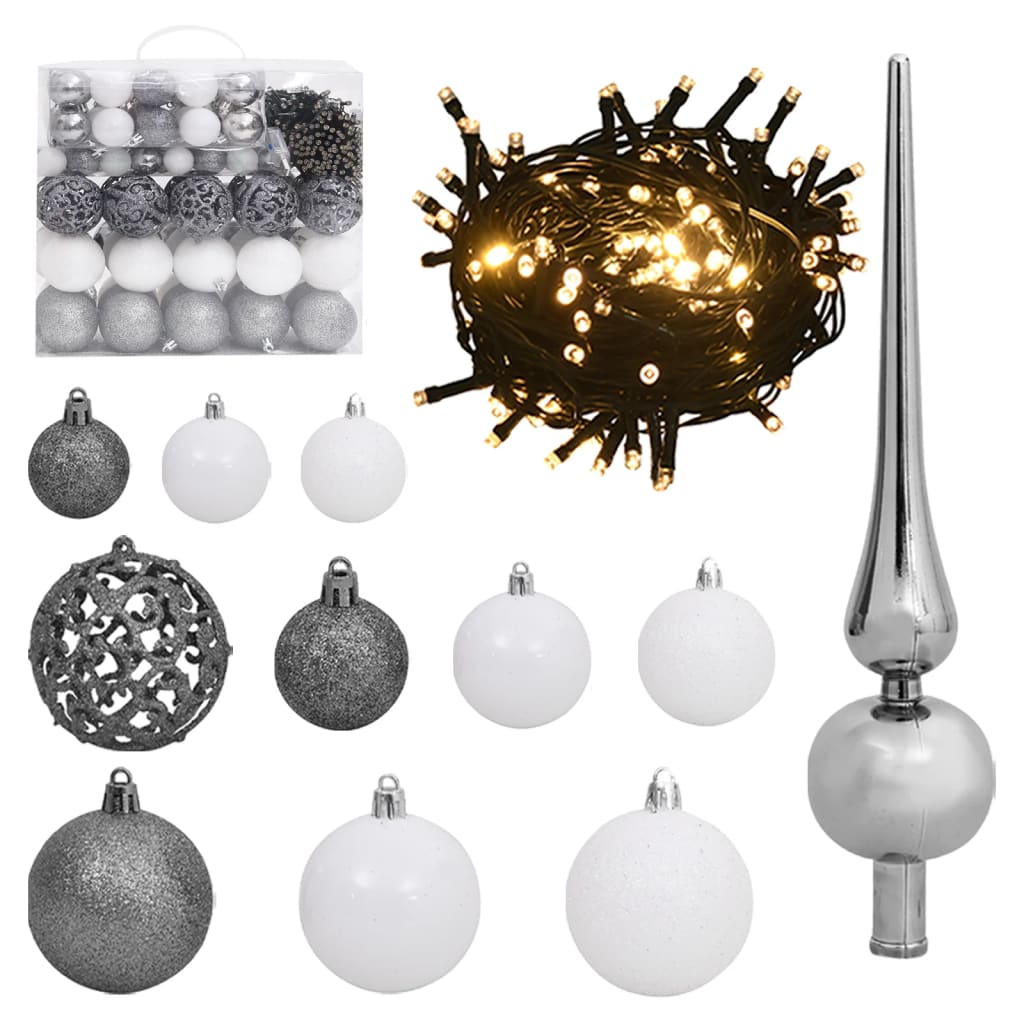 Set Natale con 120 Palline Punta e 300 Luci LED Bianco e Grigio cod mxl 51356