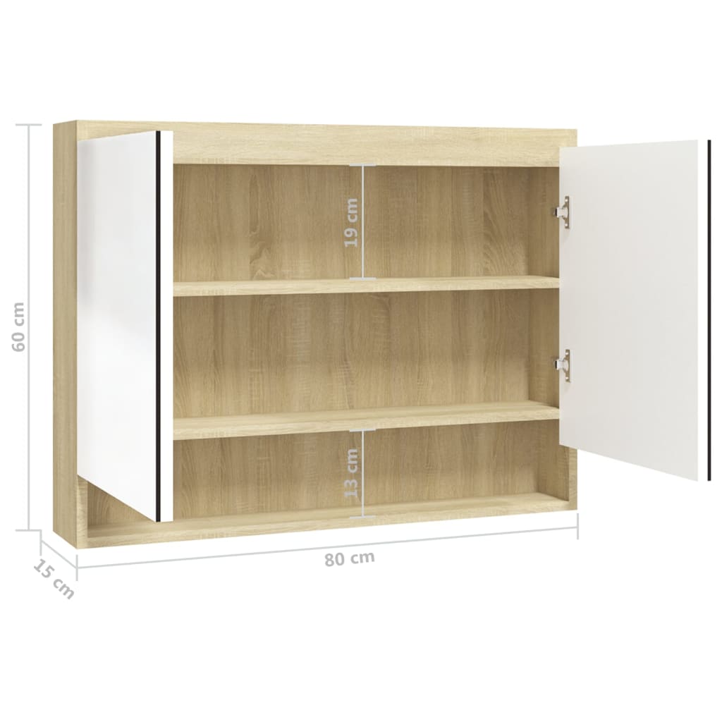 Armadietto Bagno con Specchio 80x15x60cm in MDF Bianco e Rovere 331537